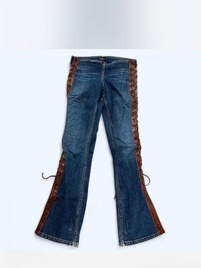 Dark Blue Lace-Up Side Panel Flare Jeans